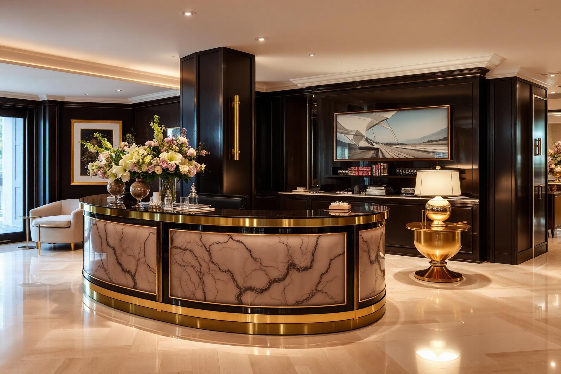 Luxury hotel concierge desk with brass details and florals