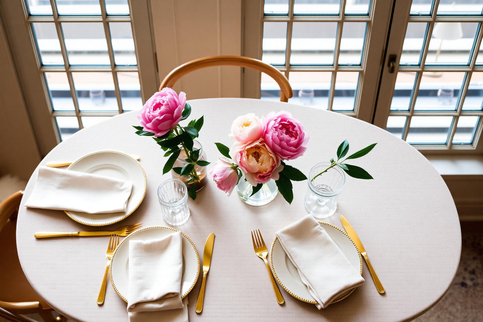 Tea service set on a linen-dressed table with peonies
