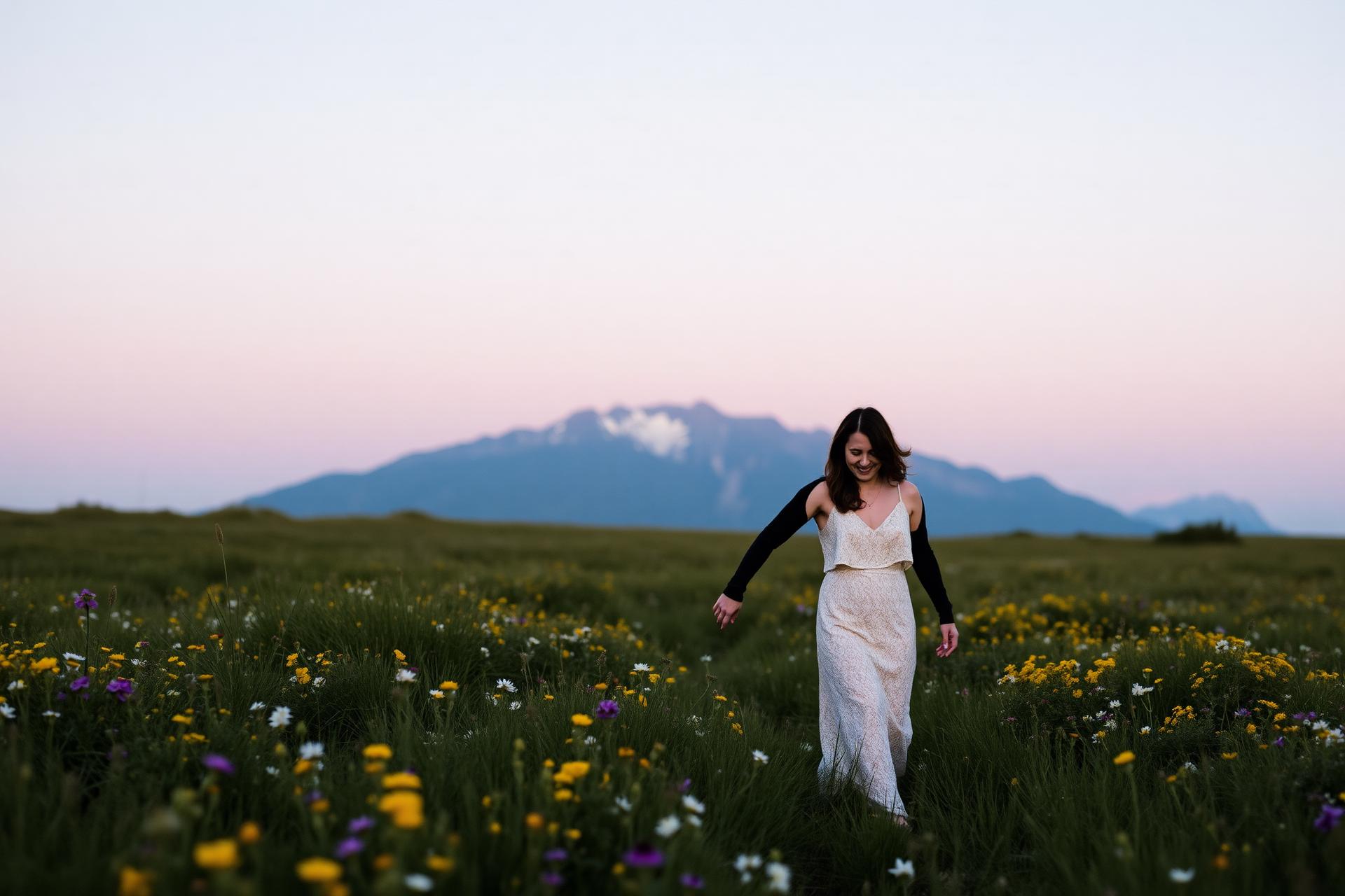 Bride walking through a wildflower meadow at twilight