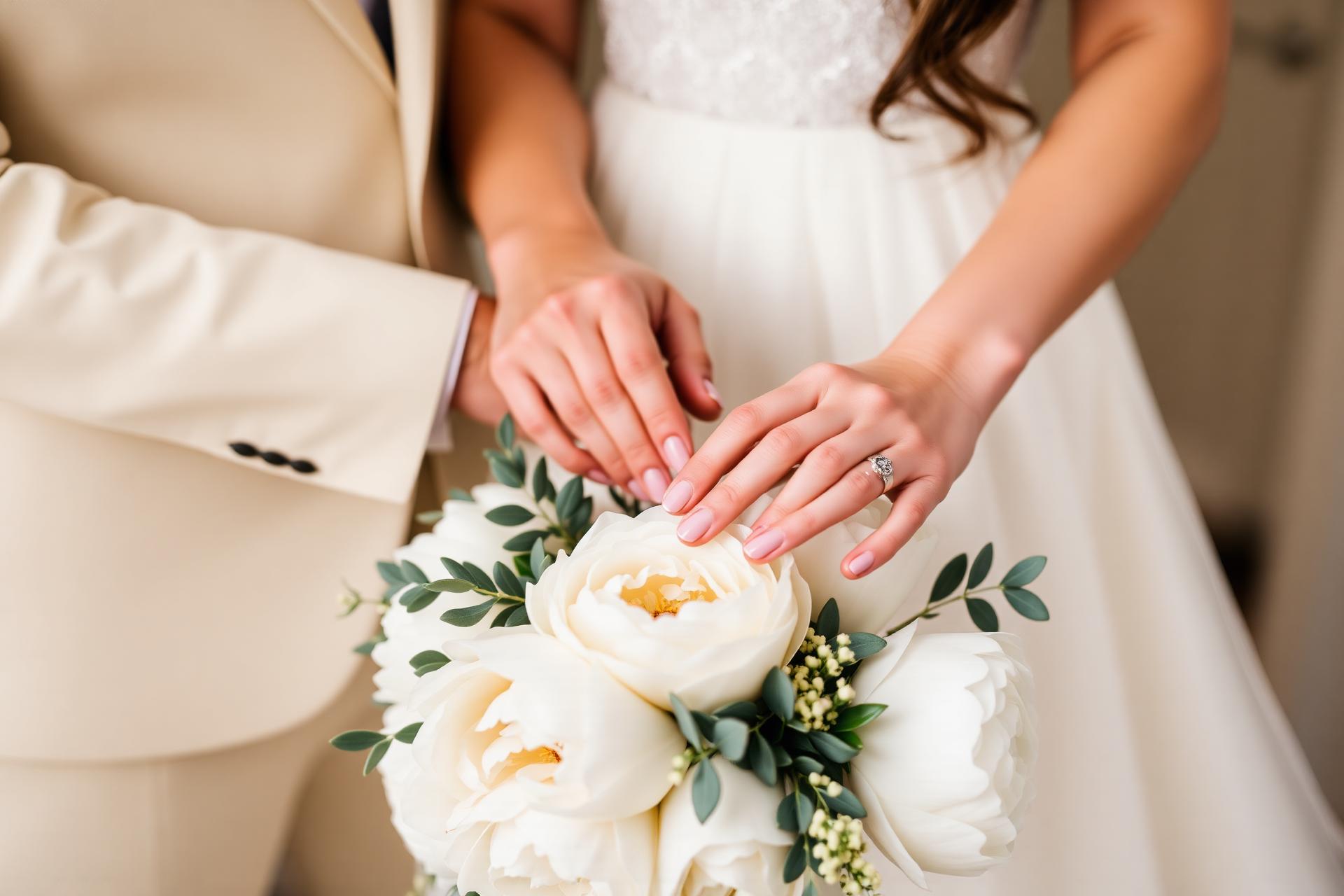 Couple's hands resting on a bouquet of white peonies