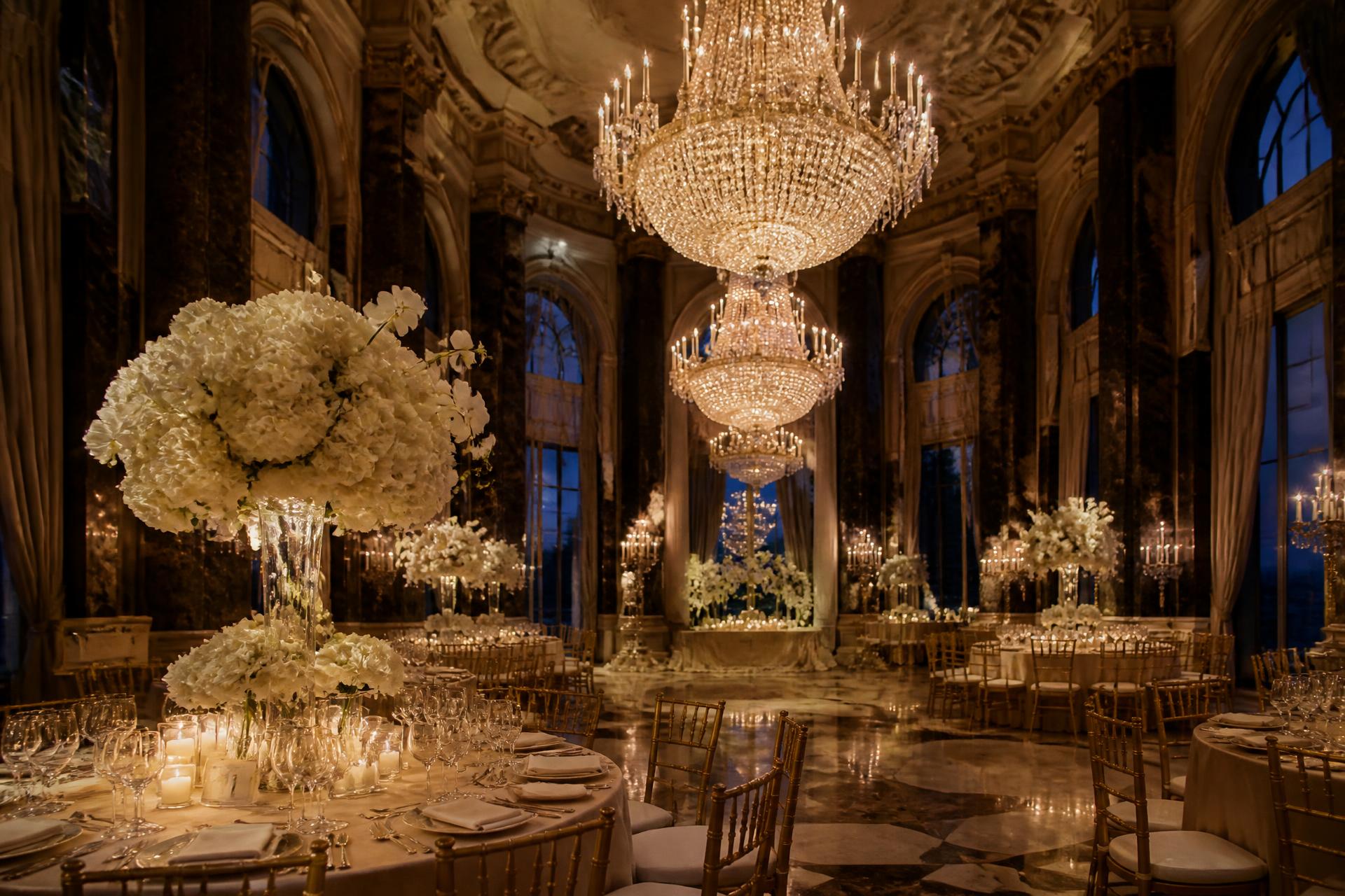 Opulent grand hotel ballroom set for a luxury wedding reception