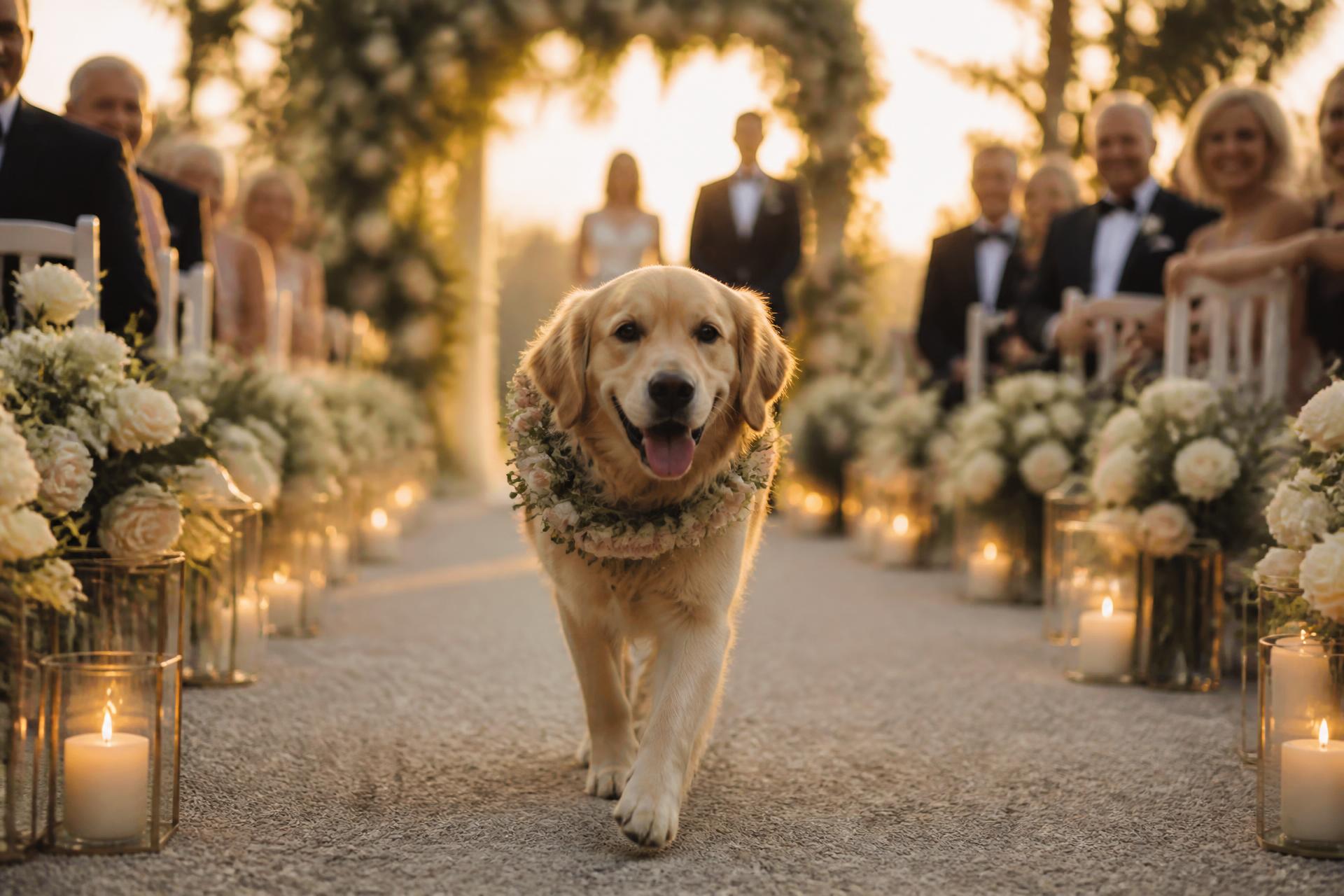 Golden retriever ring bearer walking down a candlelit wedding aisle at golden hour