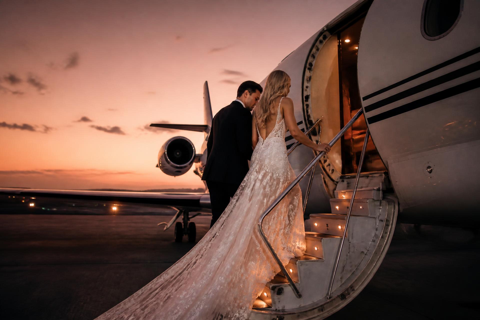 Newlywed couple boarding a private jet at dusk