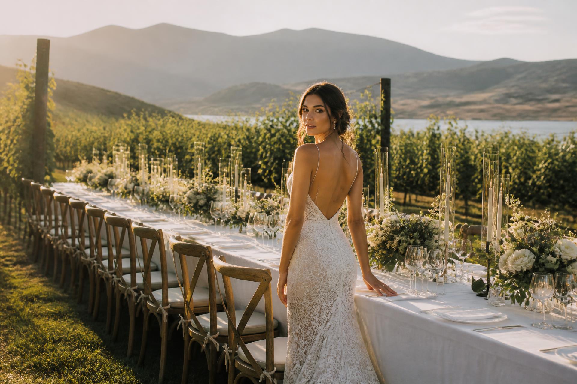 Bride at a vineyard estate wedding table at sunset