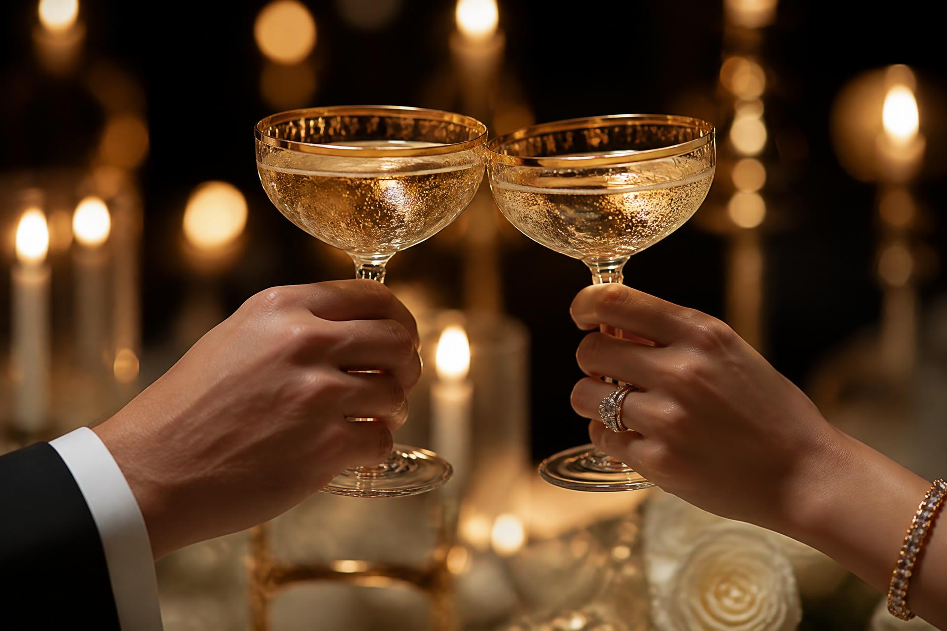 Champagne coupes clinking in a candlelit toast