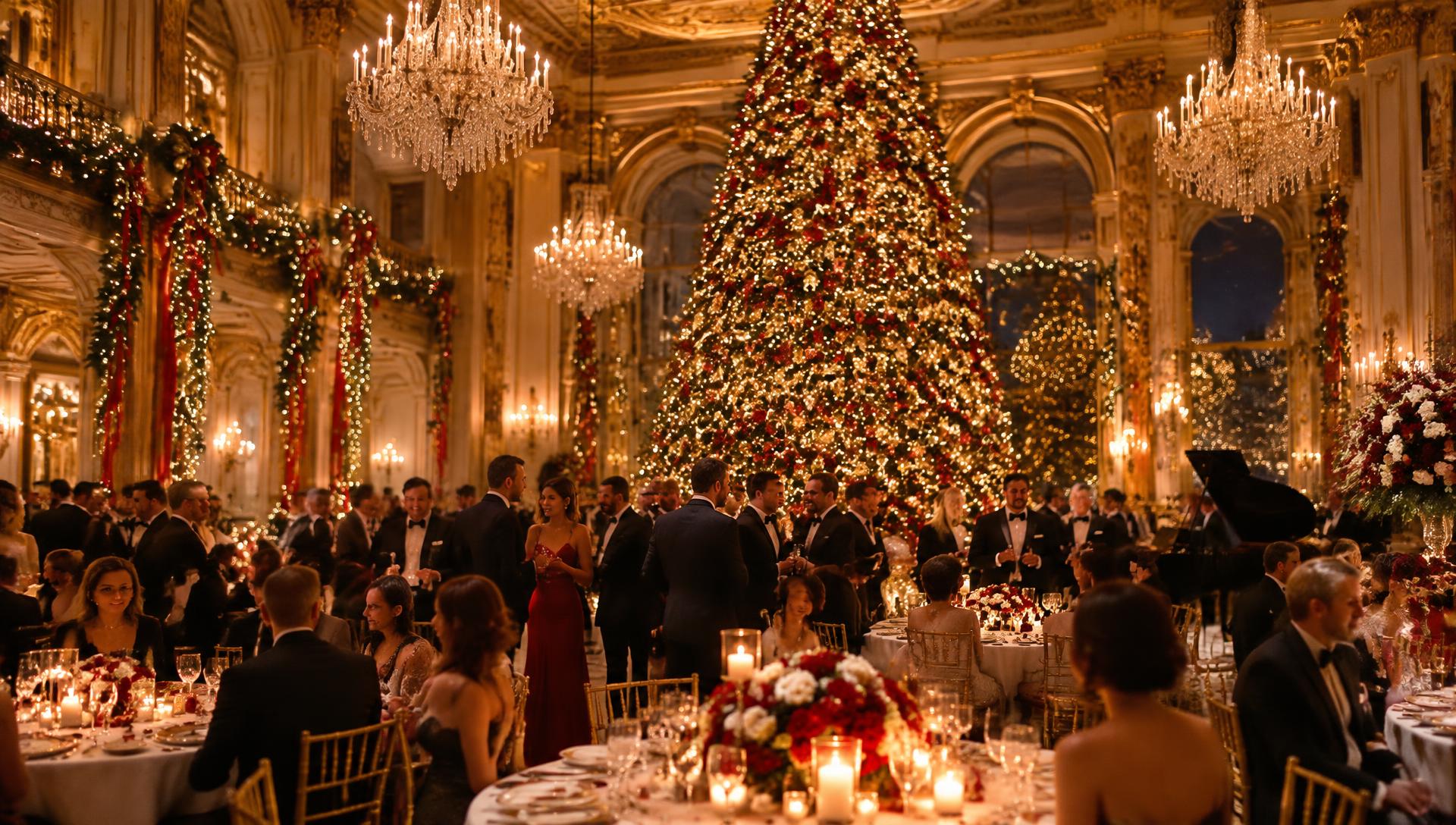 A grand holiday gala with a towering glowing Christmas tree, chandeliers and candlelit tables
