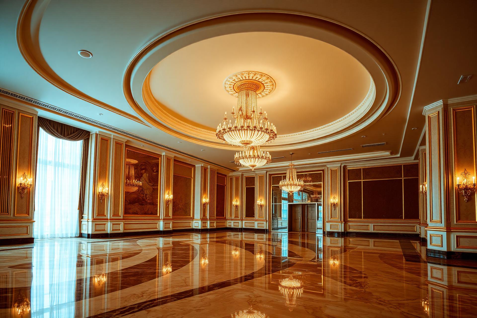 Grand hotel ballroom with golden chandeliers