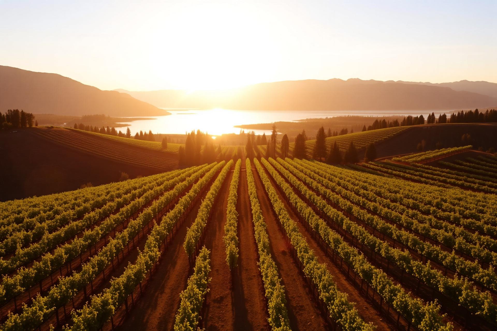 Aerial view of an Okanagan vineyard at golden hour